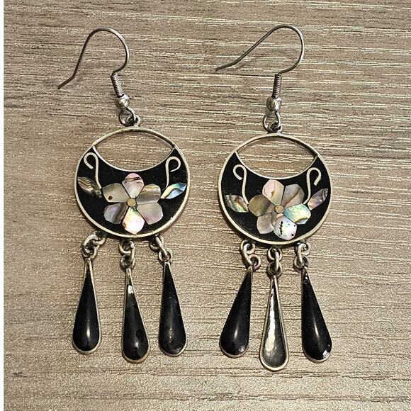 Vintage Alpaca Silver & Abalone Flower Black Dangle Earrings - Picture 1 of 6